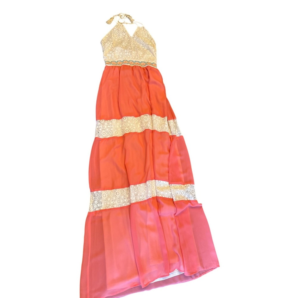 Flying Tomato Womens Coral Maxi Dress‎ Halter Neck Tie Small Summer Cottage